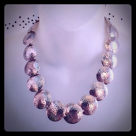 Vintage 60s 70s Hammered Silver Disk Necklace - Picture 1 of 8